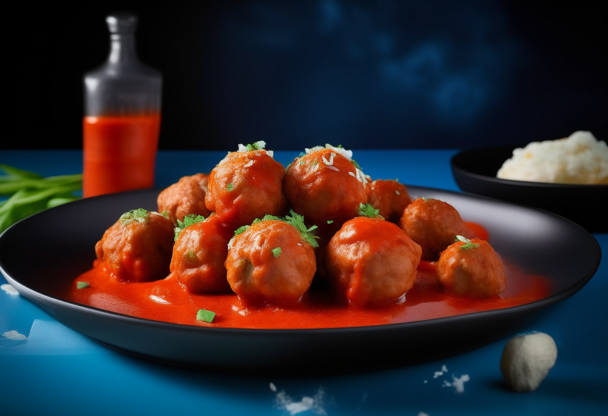 Visualize a vibrant, high-definition scene showcasing succulent buffalo chicken meatballs arrayed elegantly on a glossy, star-spangled plate that pays homage to American festivities. Each meatball is perfectly bronzed with a crisp exterior, smothered generously in a glossy, deep red buffalo sauce, suggesting a delectable heat. A dollop of creamy blue cheese dressing is artfully placed to the side for dipping, embodying the traditional buffalo wing pairing. The dish is garnished with thinly sliced green onions and a sprinkle of crumbled blue cheese, offering a pop of color and a nod to the dish's rich flavor profile. 
