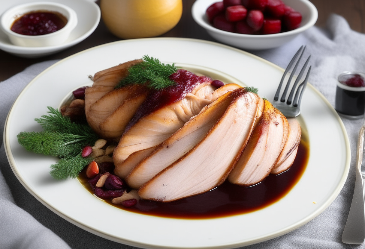 Craft an image with a succulent air fryer turkey breast taking center stage on a white porcelain plate, the skin bronzed to perfection, exuding the homeliness of a Thanksgiving meal. Surround the plate with a small, vibrant array of sides: ruby-hued cranberry sauce, a spoonful of creamy mashed potatoes with a pat of melting butter, and a tangle of bright green beans, sprinkled with toasted almond slivers. Adorn the scene with American cultural symbols: a miniature flag, a sprig of autumn leaves, and a backdrop that suggests a cozy, family dining room. The plate should rest on a rustic wooden table, conveying an atmosphere of warmth and abundance, an ode to American traditions and hearty home-cooking.