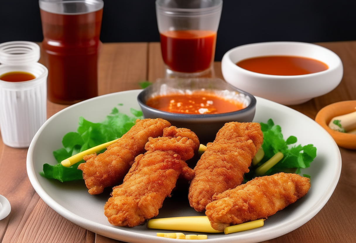 Visualize a plate of crispy air fryer chicken tenders, their golden-brown crust contrasted against a classic white ceramic dish. These succulent strips are nestled alongside a ramekin of red, zesty dipping sauce and a garnish of finely chopped parsley, adding a dash of color. The plate is flanked by a vintage American soda bottle and a basket of fresh, checkered napkin-wrapped dinner rolls, embodying the spirit of a wholesome American diner. In the backdrop, a rustic blue and white gingham tablecloth lays the foundation, with subtle patriotic decor elements—miniature flags and a mason jar filled with wildflowers—complementing the homey, celebratory theme of an American culinary tradition.