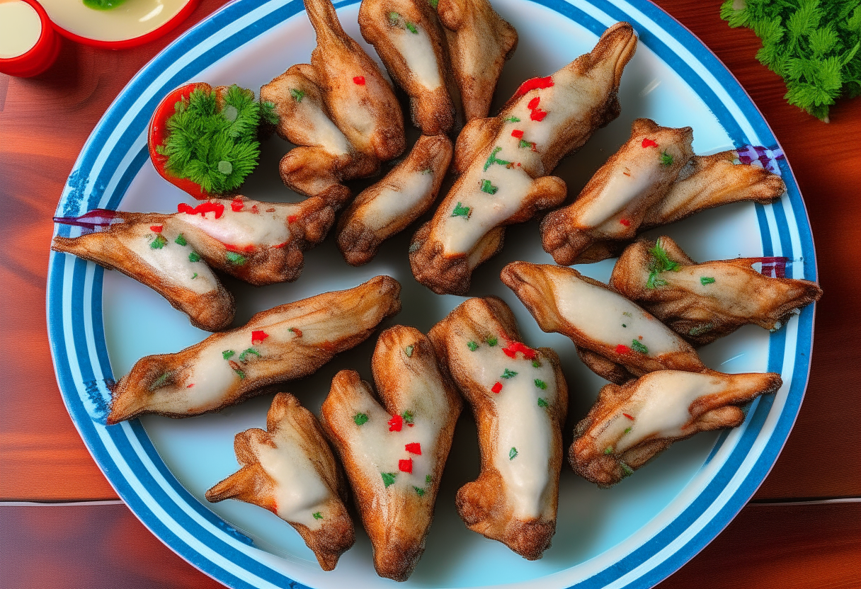 Envision air fryer chicken wings, arrayed on a vibrant American flag-themed platter, their skin gloriously crispy and gleaming with a slight glaze. Each wing is meticulously placed in a circular fashion, like spokes on a patriotic wheel, with a ramekin of creamy blue cheese dressing resting in the center, inviting a dip. A sprinkle of green chives adds a pop of color, reminiscent of a firework against a night sky. Accompaniments include celery and carrot sticks, fresh and crisp, arranged neatly on the side. In the background, a pitcher of iced tea glistens, and small flags are tucked into a bouquet of red, white, and blue flowers, encapsulating the American spirit of celebration.