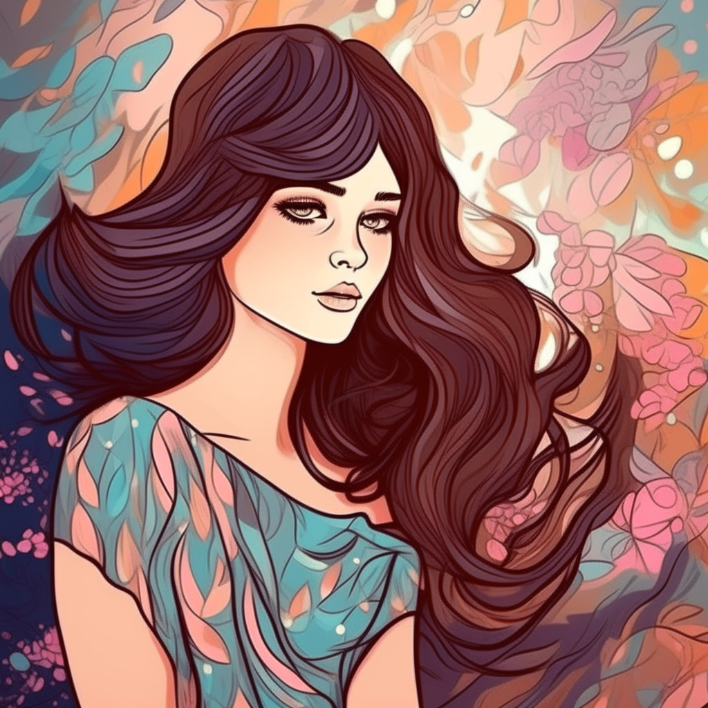 A beautiful stunning young woman looks gorgeous. Long wavy brunette bang hair in a trendy beautiful cloth. Alone. Romantic cartoon with floral abstract background