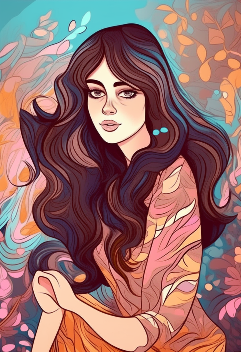 A beautiful stunning young woman looks gorgeous. Long wavy brunette bang hair in a trendy beautiful cloth. Alone. Romantic cartoon with floral abstract background