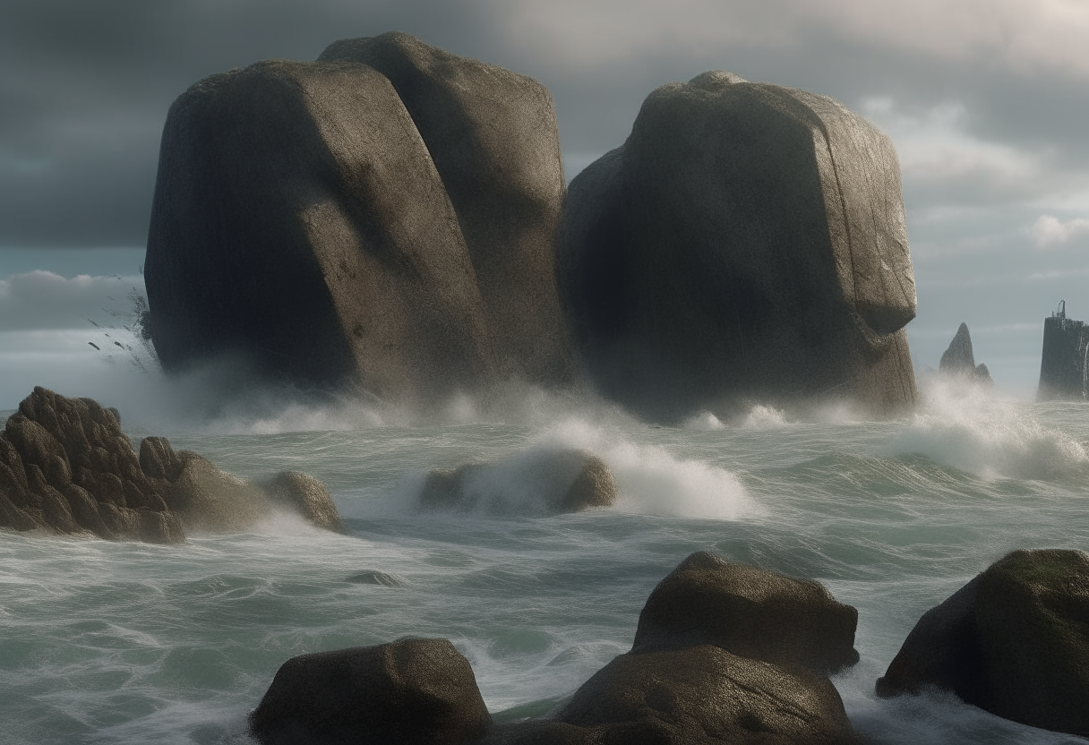 iron age giants throw huge stones from the high 
reef into the sea, stormy weather, cinematic, highly detailed, realistic

