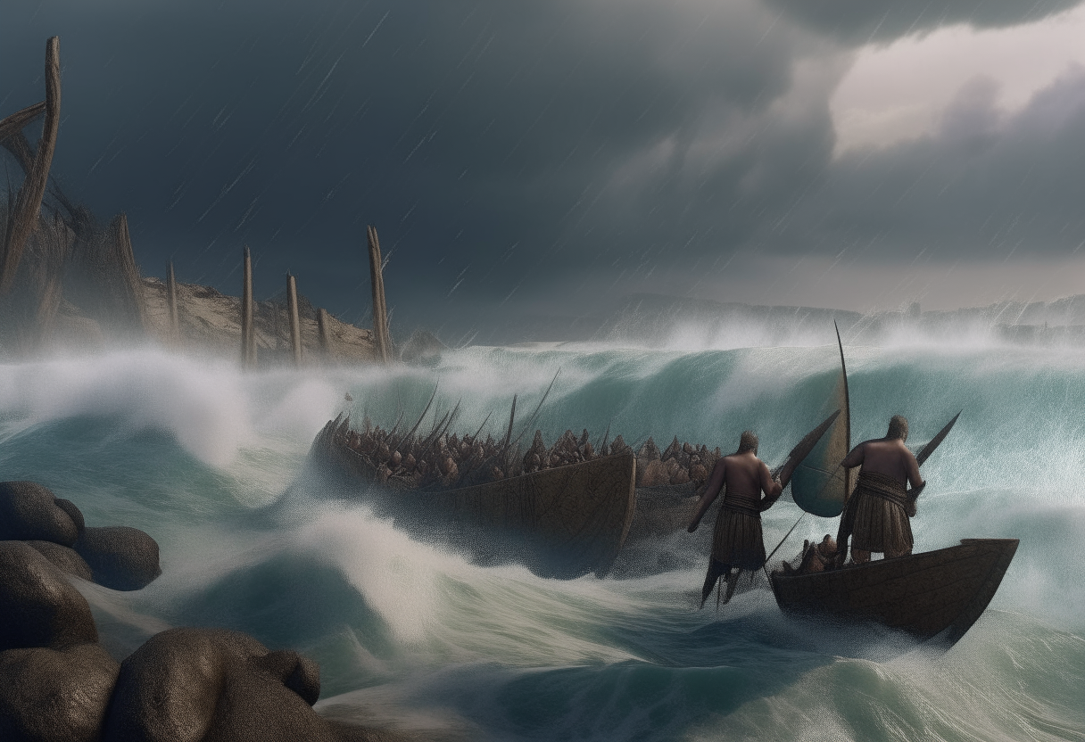 iron age giants throw stones from the high reef into the sea, stormy weather, cinematic, highly detailed, realistic

