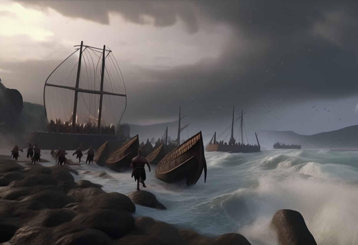 iron age giants throw stones from the hill into the sea to ancient greek ship, stormy weather, cinematic, highly detailed, realistic

