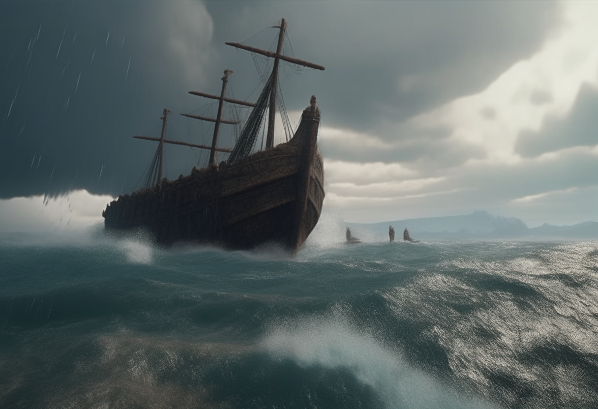 giants throw stones from hi reef into the sea to ancient greek ship, stormy weather, cinematic, highly detailed, realistic

