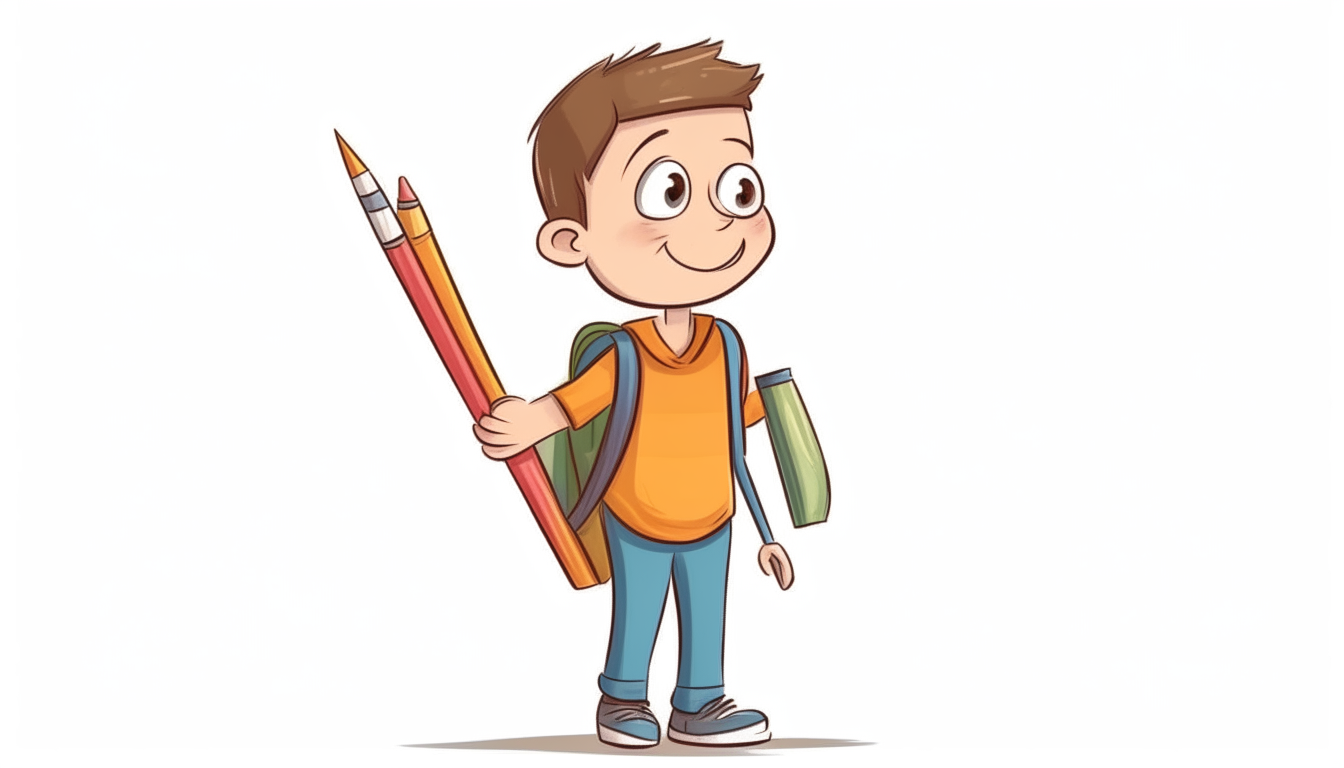A boy carrying a large pencil on his back. cartoon. no background