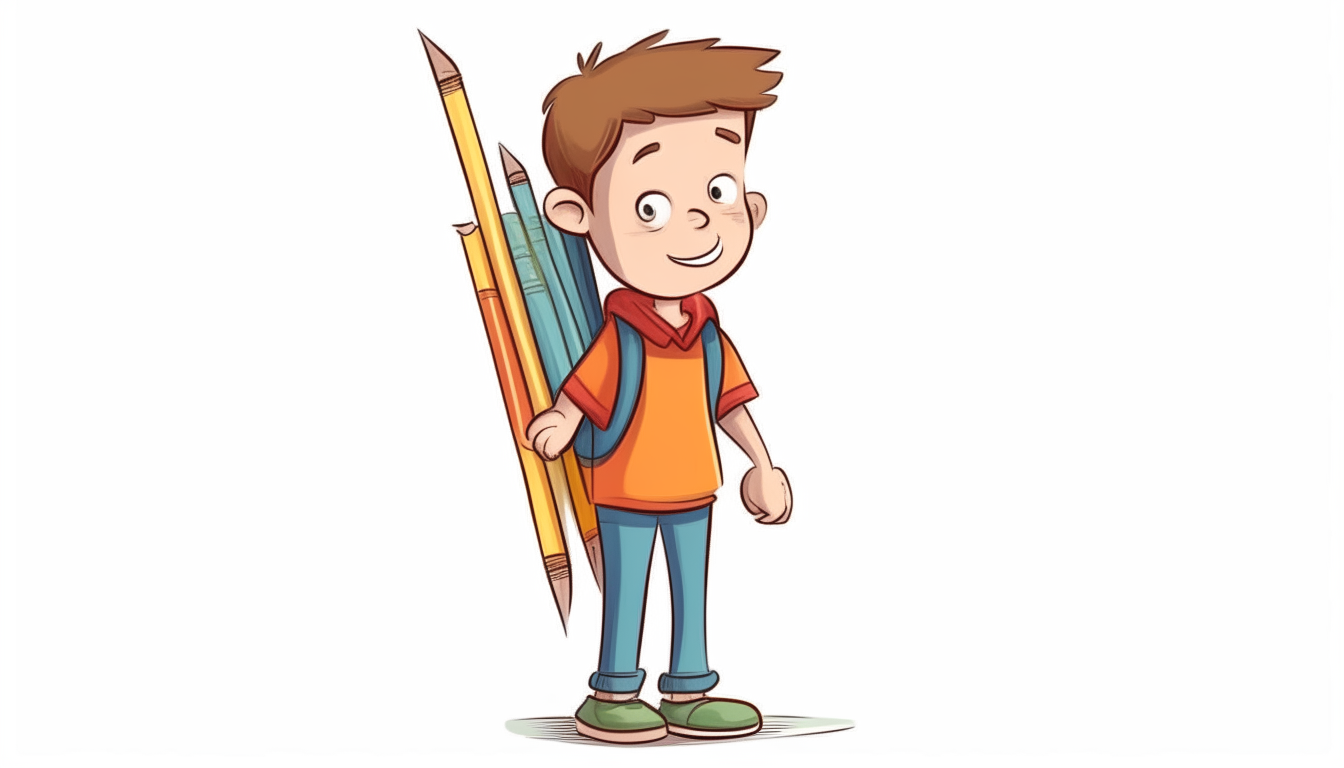 A boy carrying a large pencil on his back. cartoon. no background