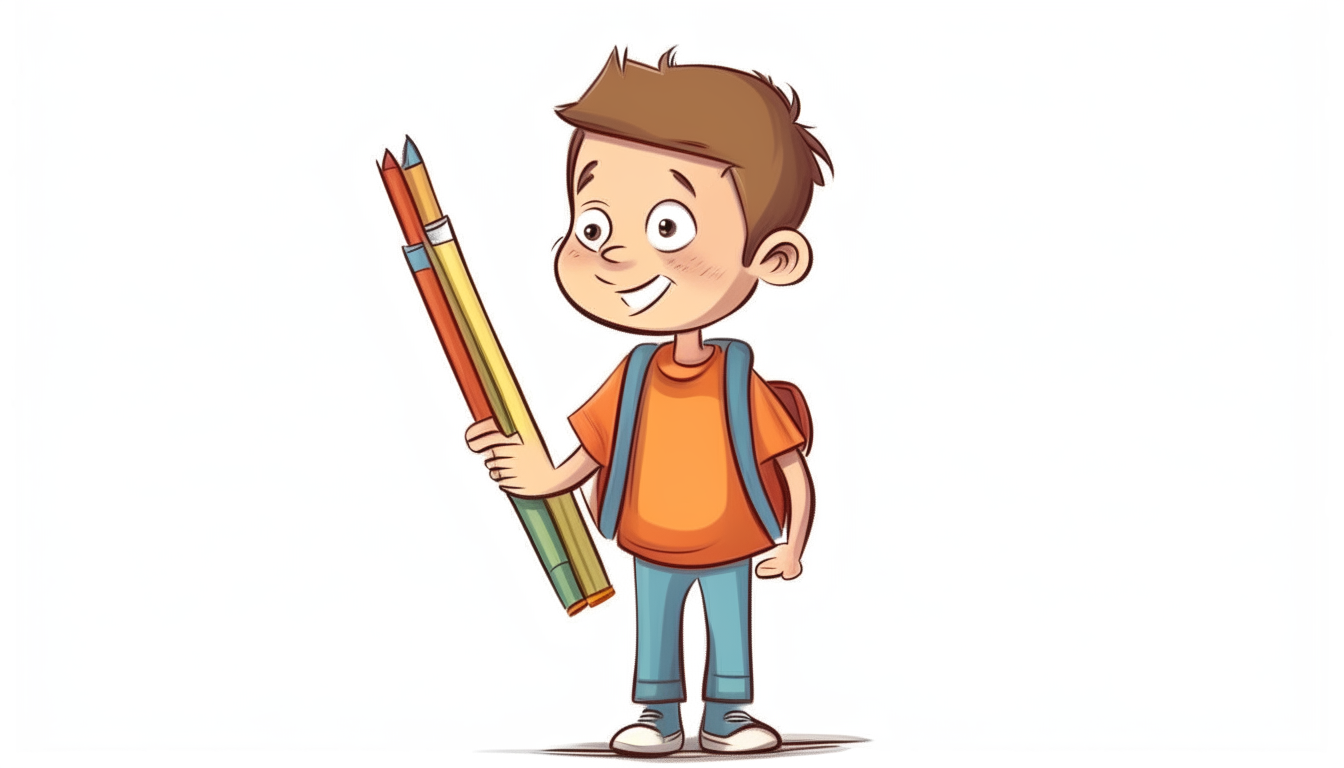 A boy carrying a large pencil on his back. cartoon. no background