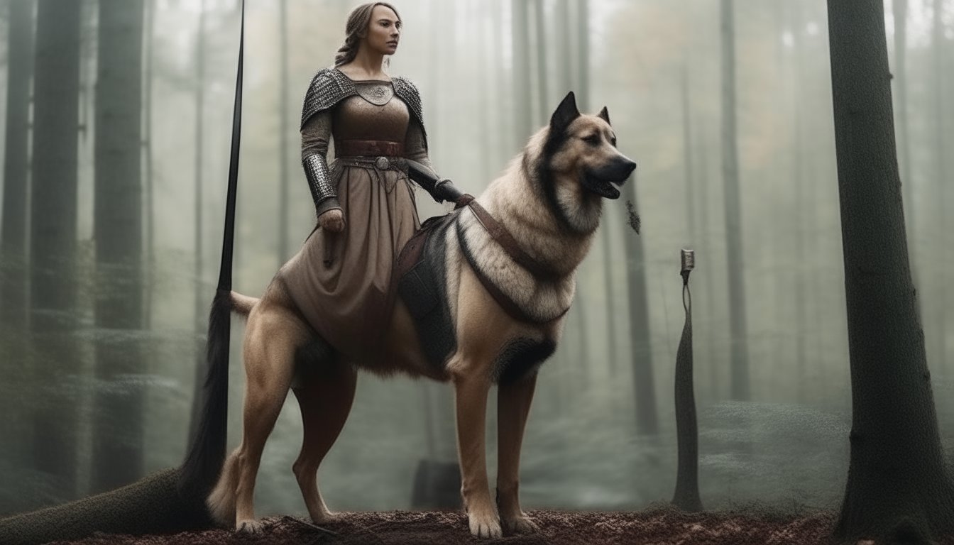 warrior woman standing on a large dog. background forest.