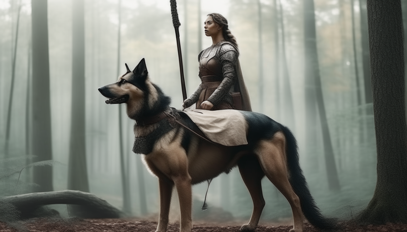 warrior woman standing on a large dog. background forest.