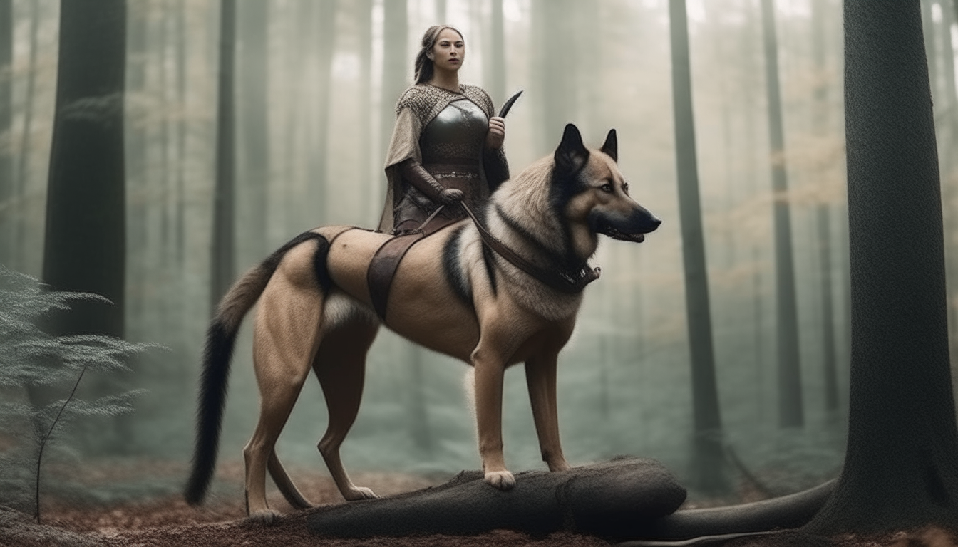 warrior woman standing on a large dog. background forest.