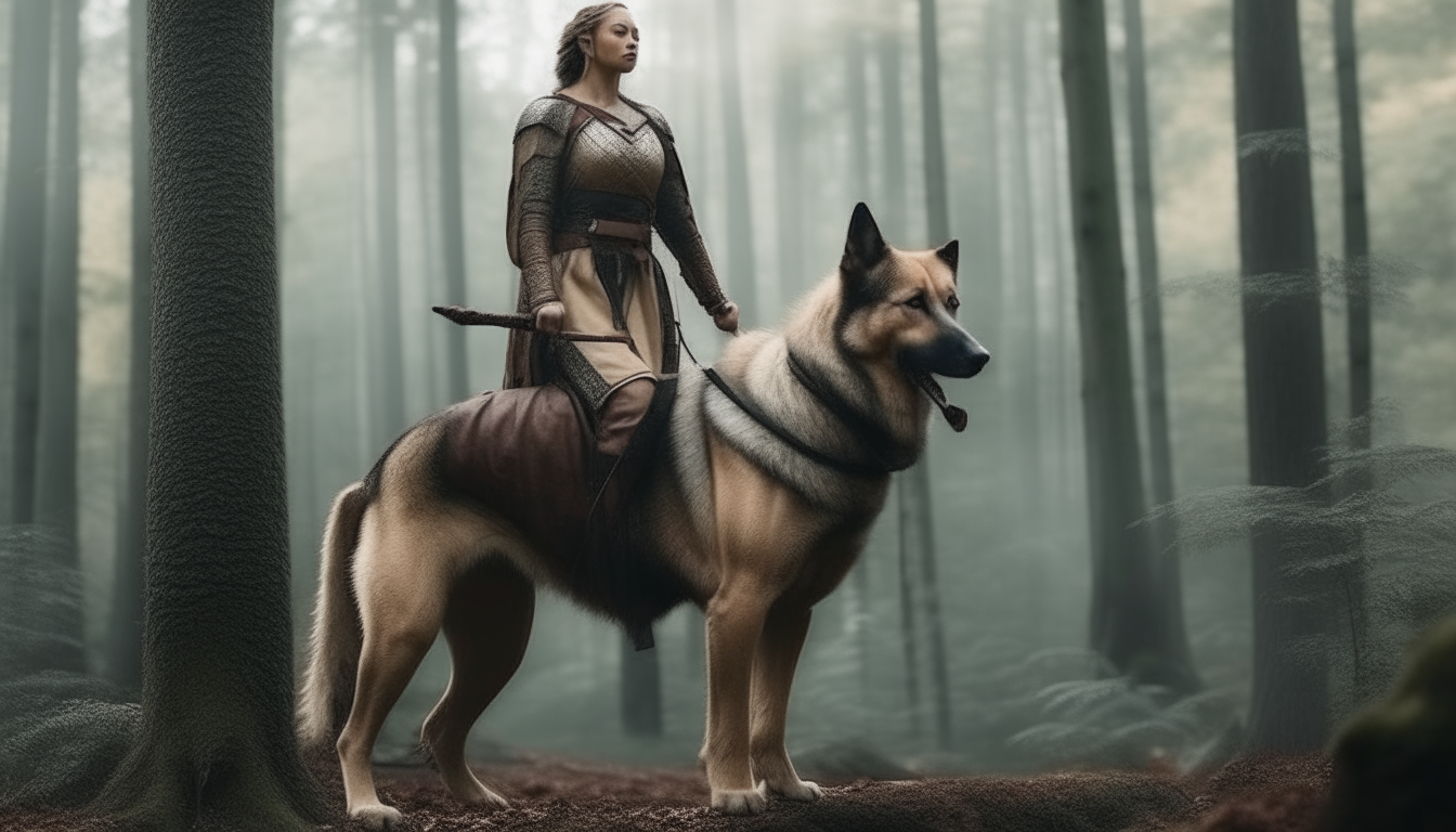 warrior woman standing on a large dog. background forest.