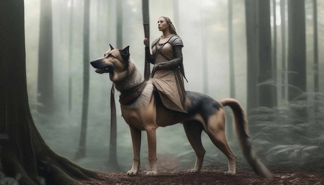 warrior woman standing on a large dog. background forest.
