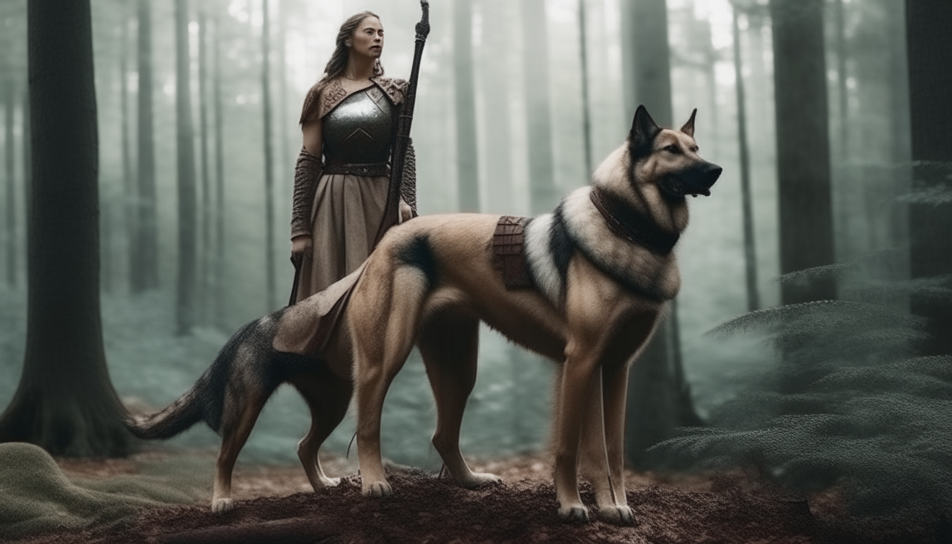 warrior woman standing on a large dog. background forest.