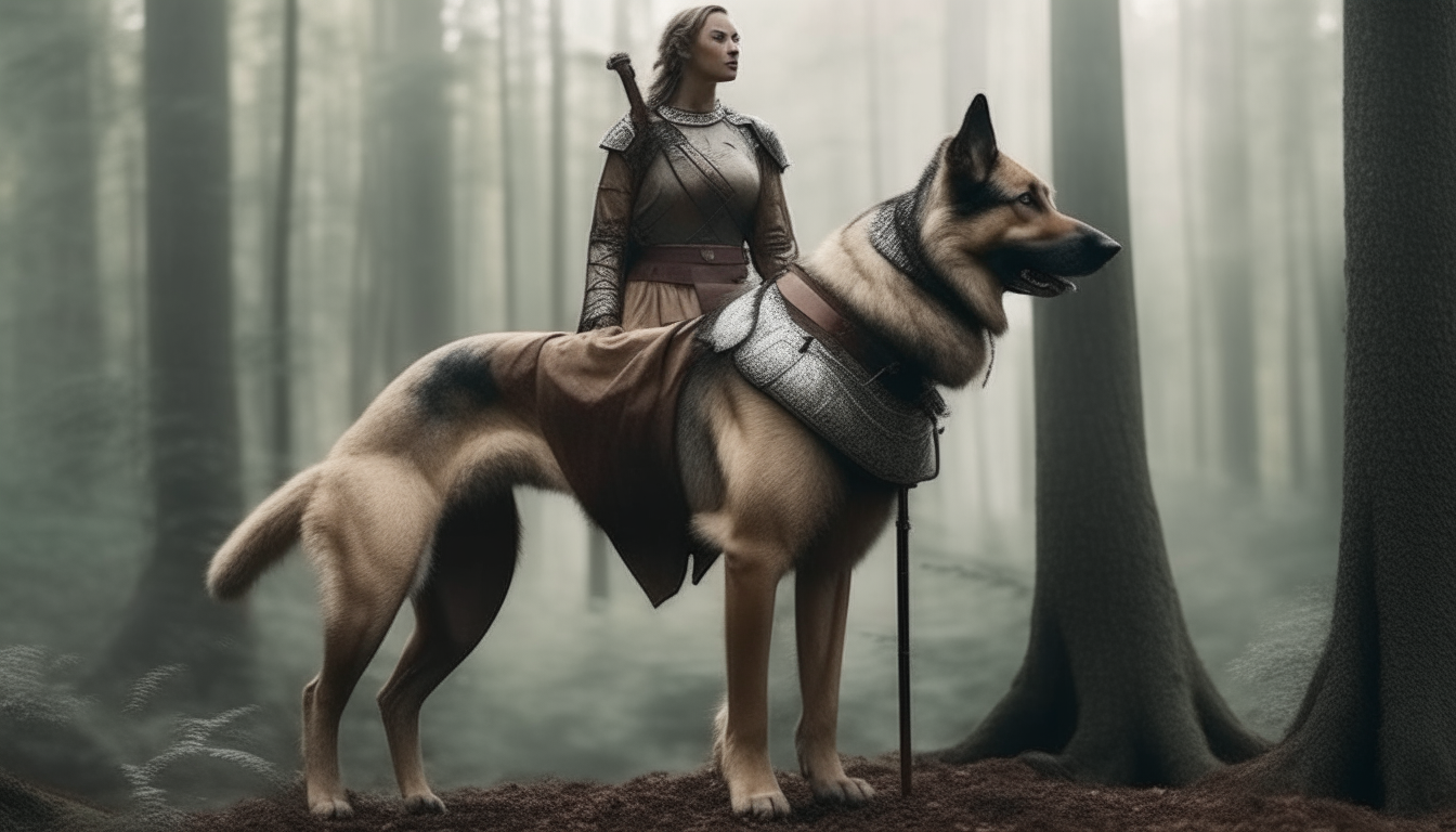 warrior woman standing on a large dog. background forest.