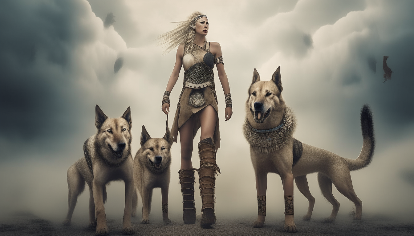 Warrior woman with big dog feet. The background is surreal.