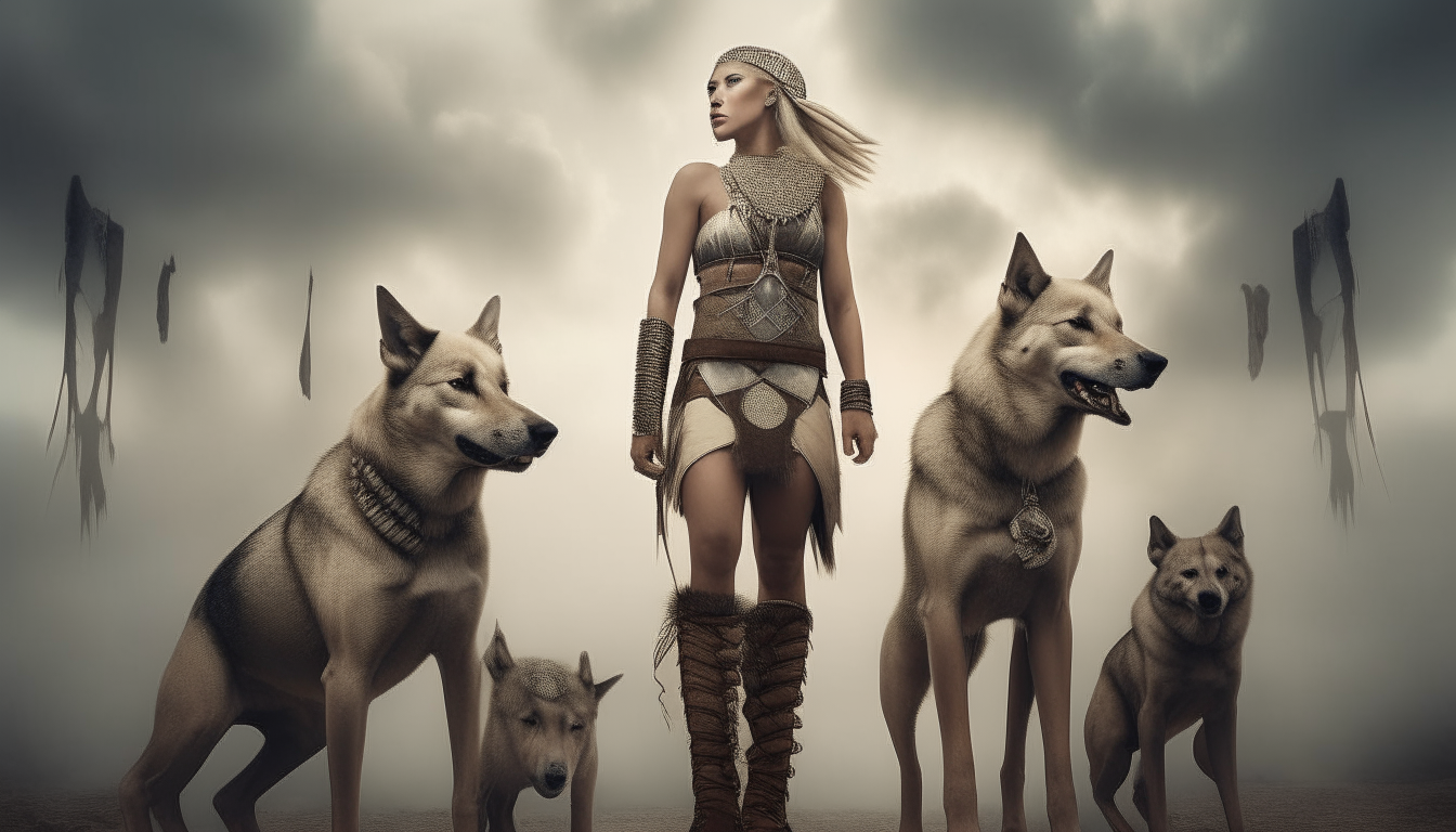 Warrior woman with big dog feet. The background is surreal.