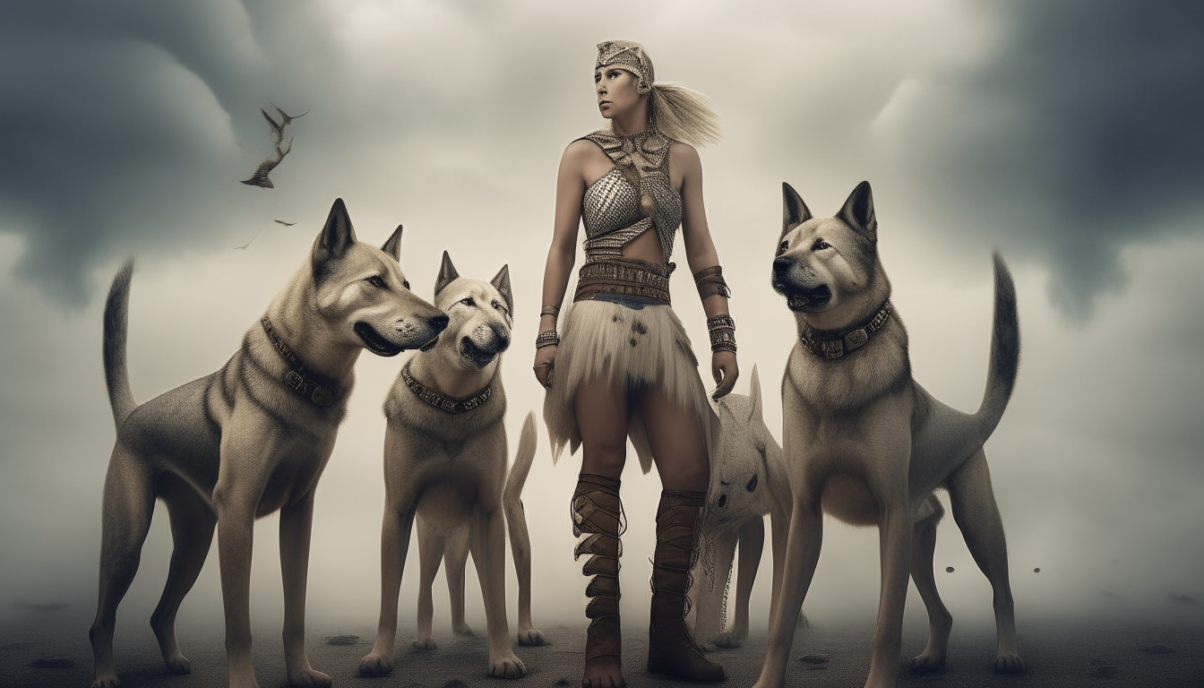 Warrior woman with big dog feet. The background is surreal.