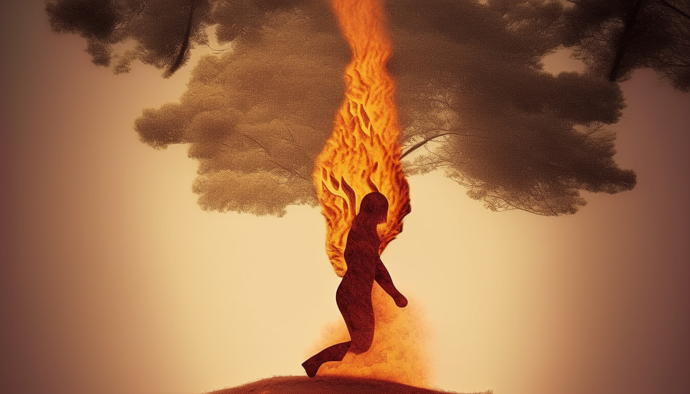 A tree in the shape of a person escaping from a forest fire.