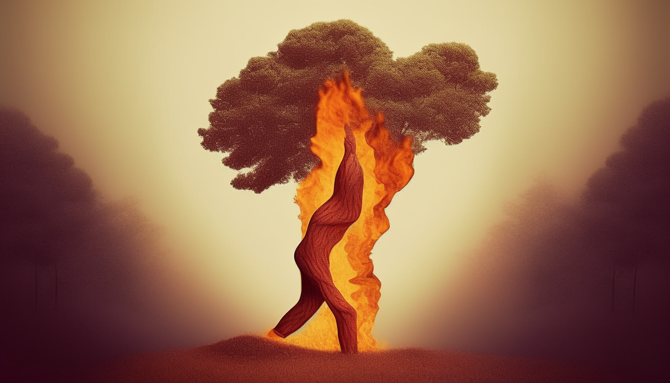 A tree in the shape of a person escaping from a forest fire.