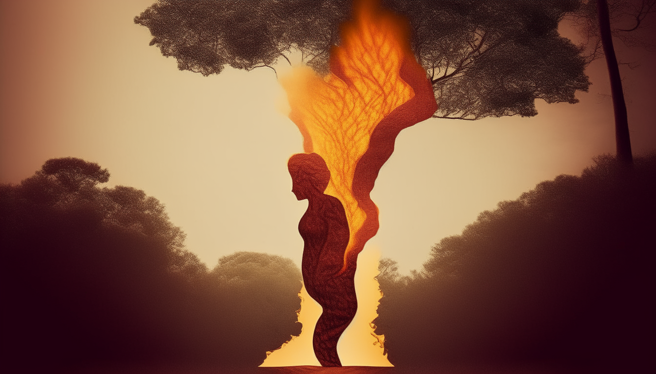 A tree in the shape of a person escaping from a forest fire.