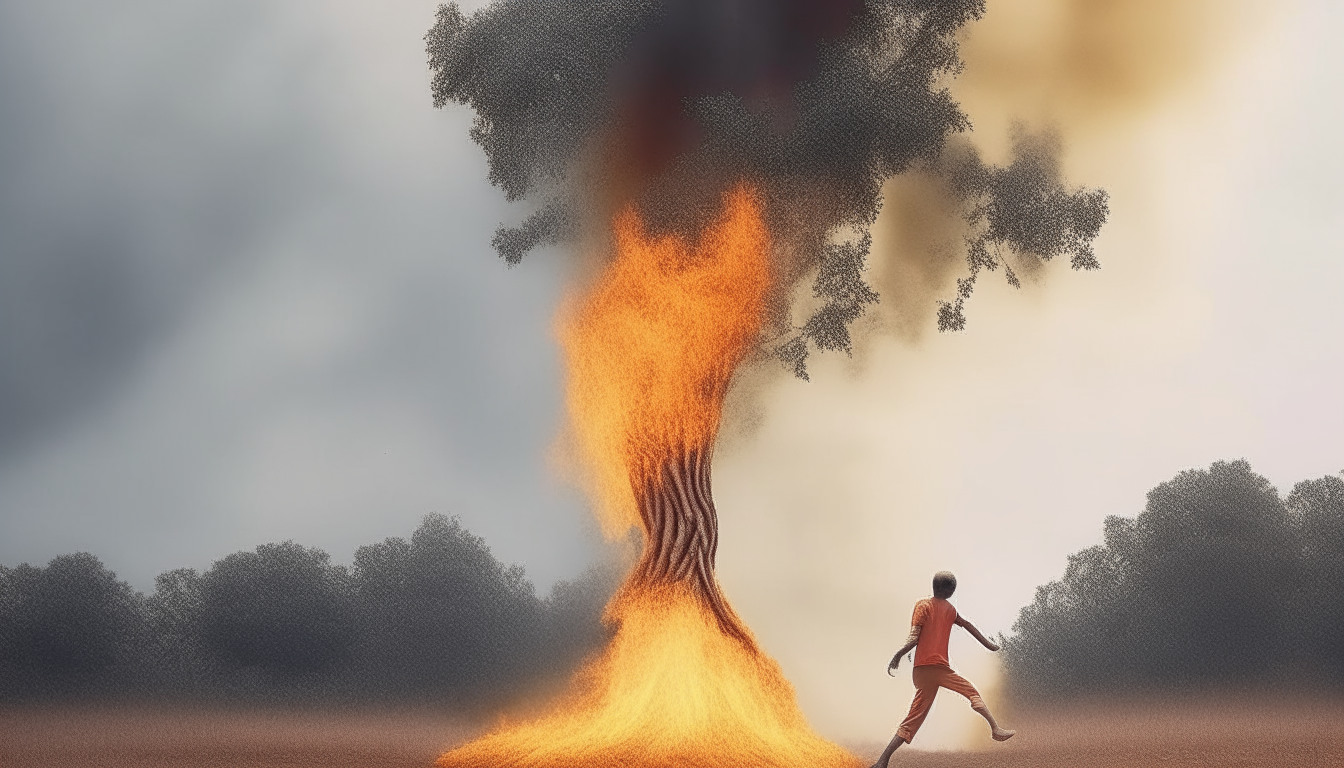 A tree with feet running away from fire