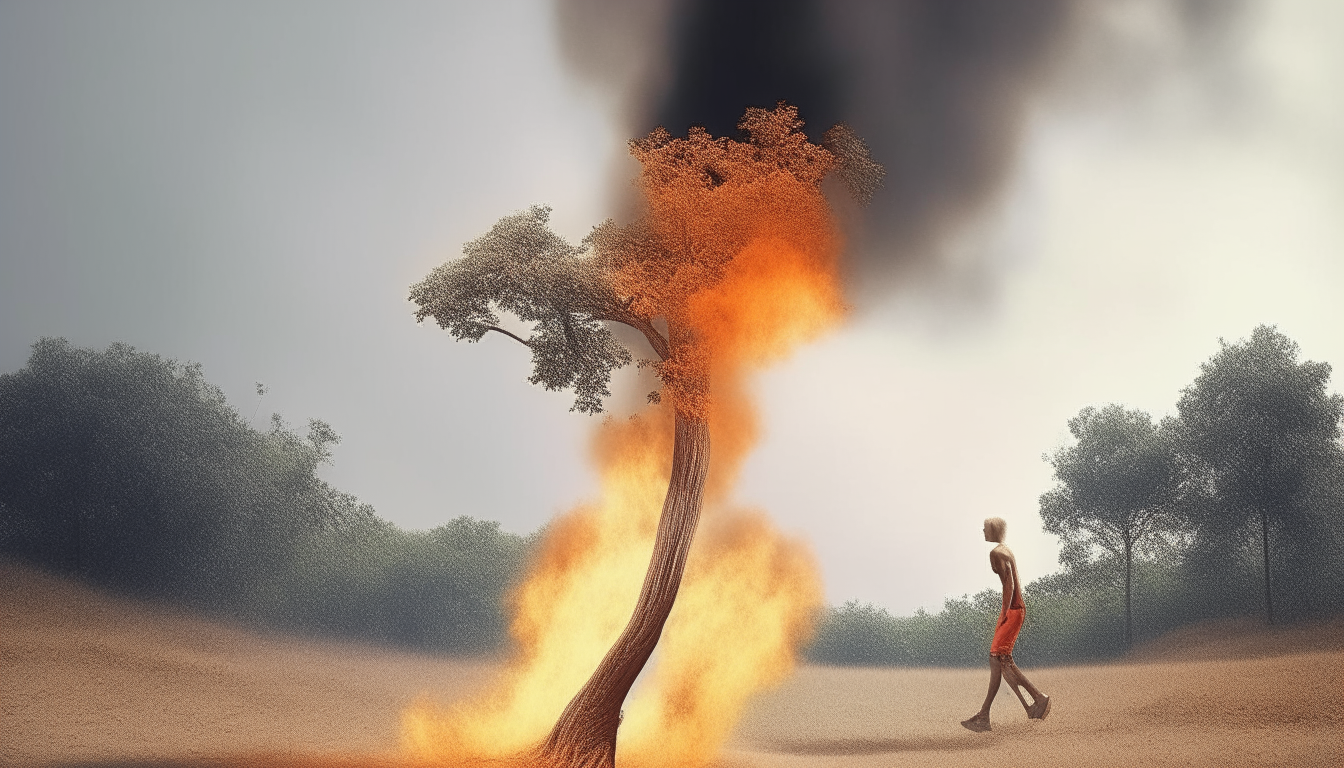 A tree with feet running away from fire