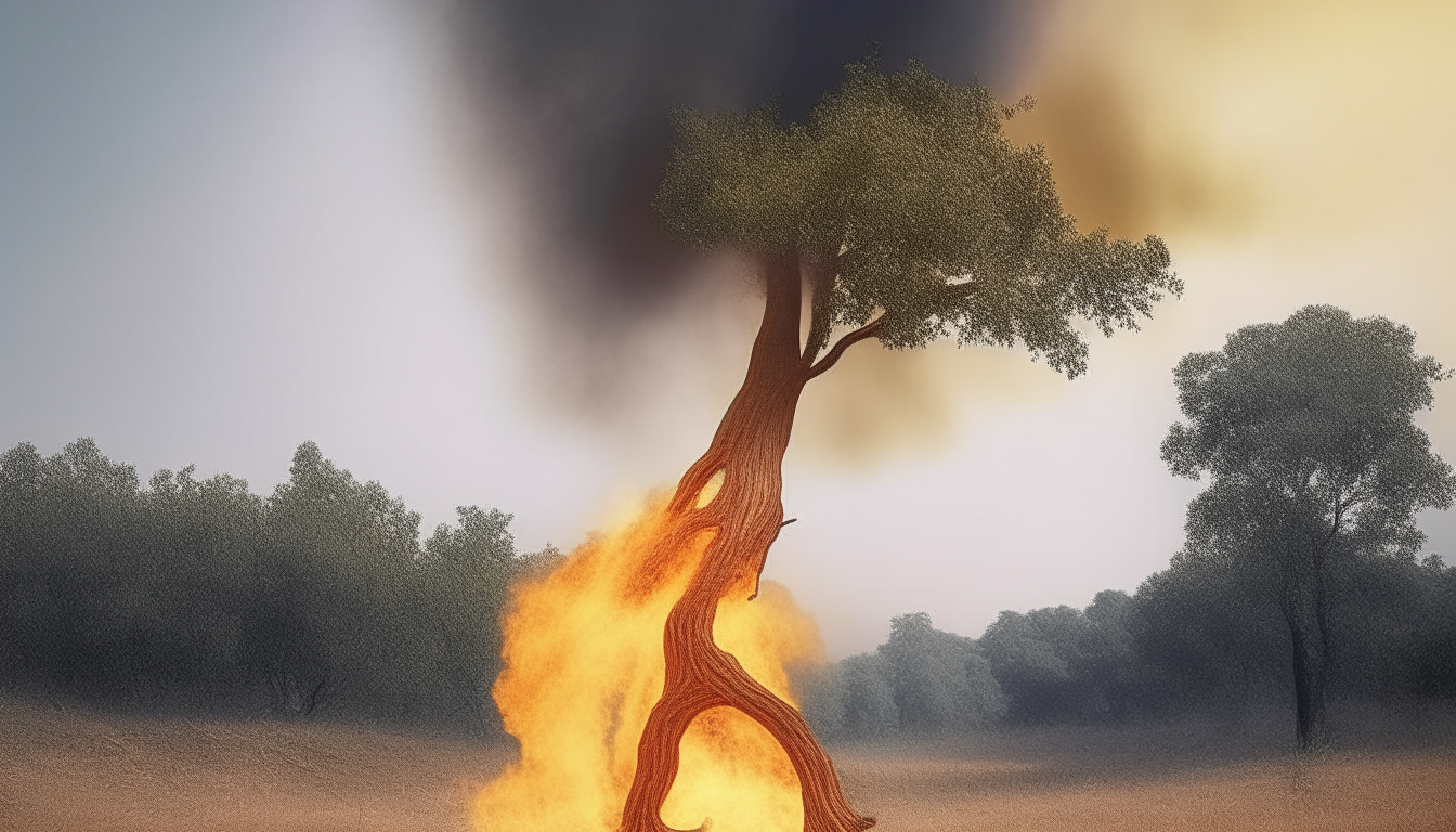 A tree with feet running away from fire