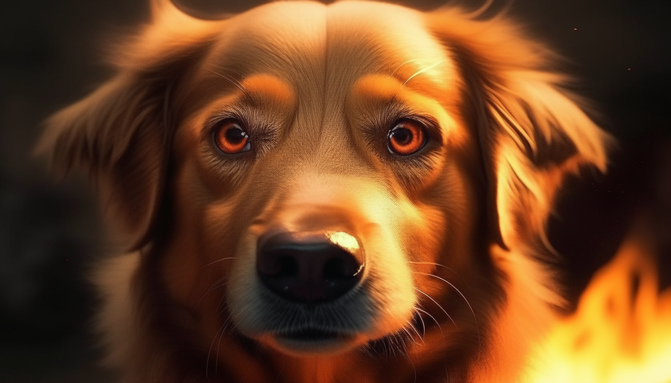 warrior cute dog looking through the flames
