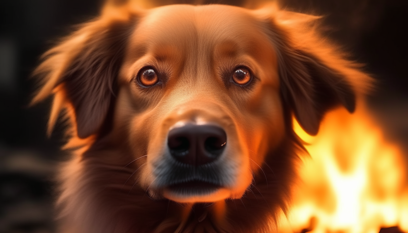 warrior cute dog looking through the flames