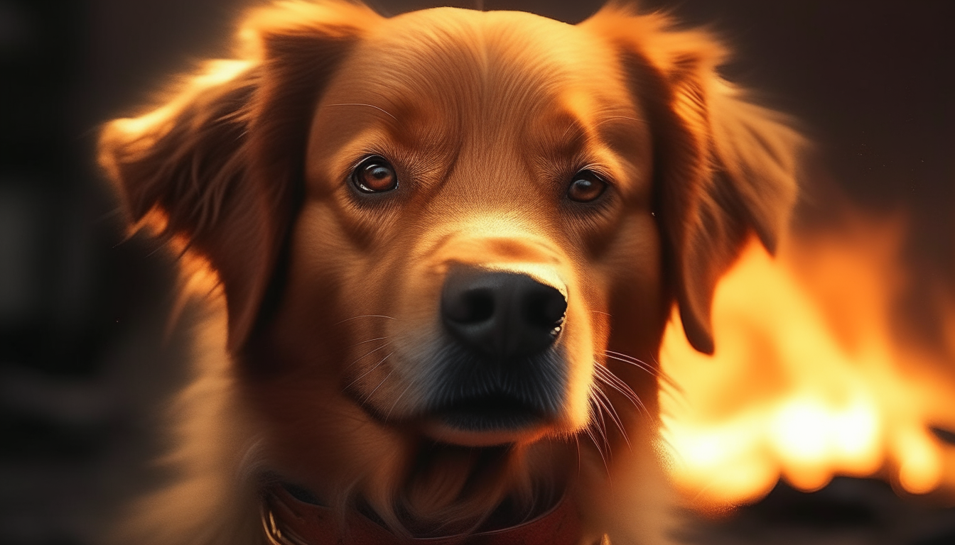 warrior cute dog looking through the flames
