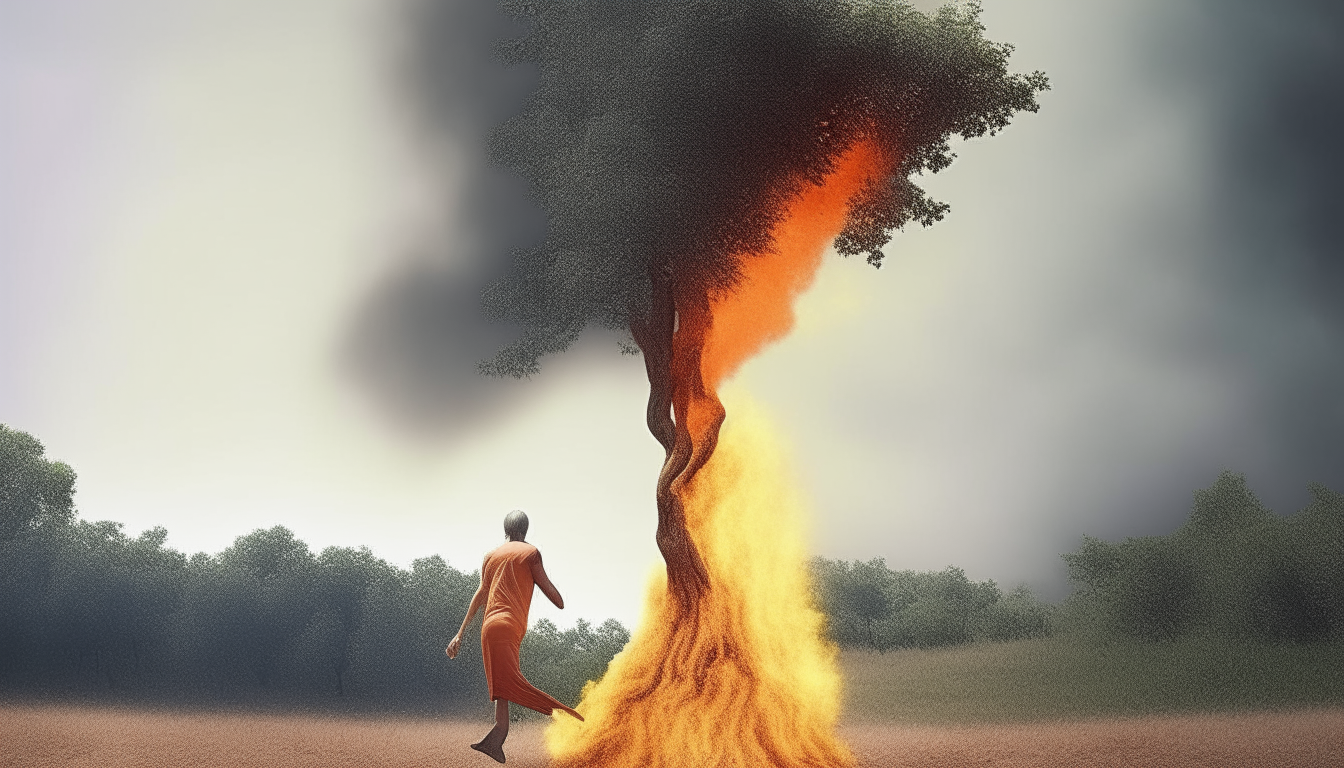 A tree with feet running away from fire