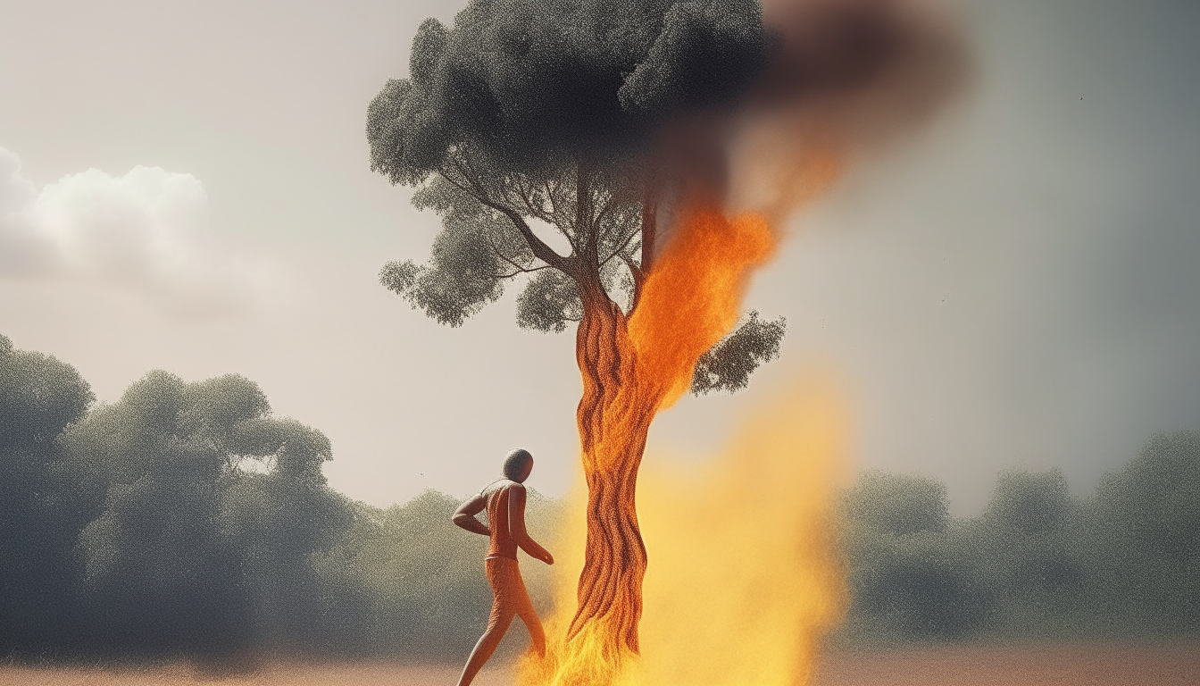 A tree with feet running away from fire
