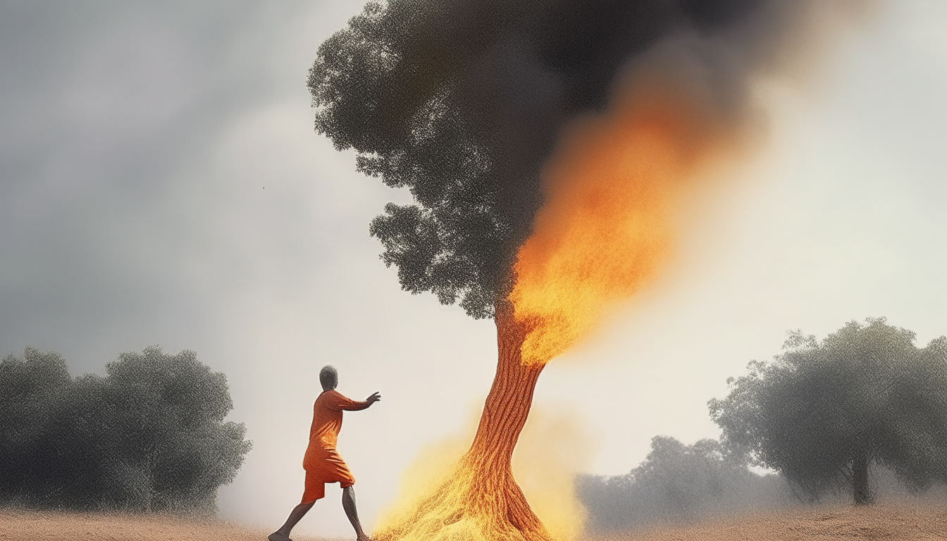A tree with feet running away from fire