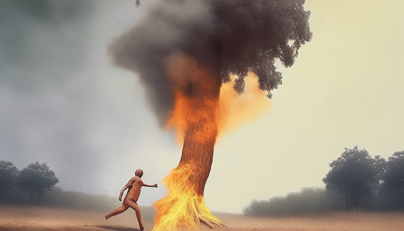 A tree with feet running away from fire