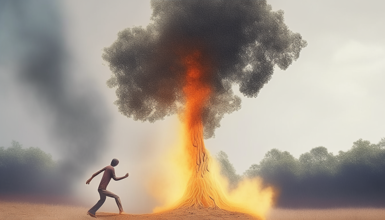 A tree with feet running away from fire