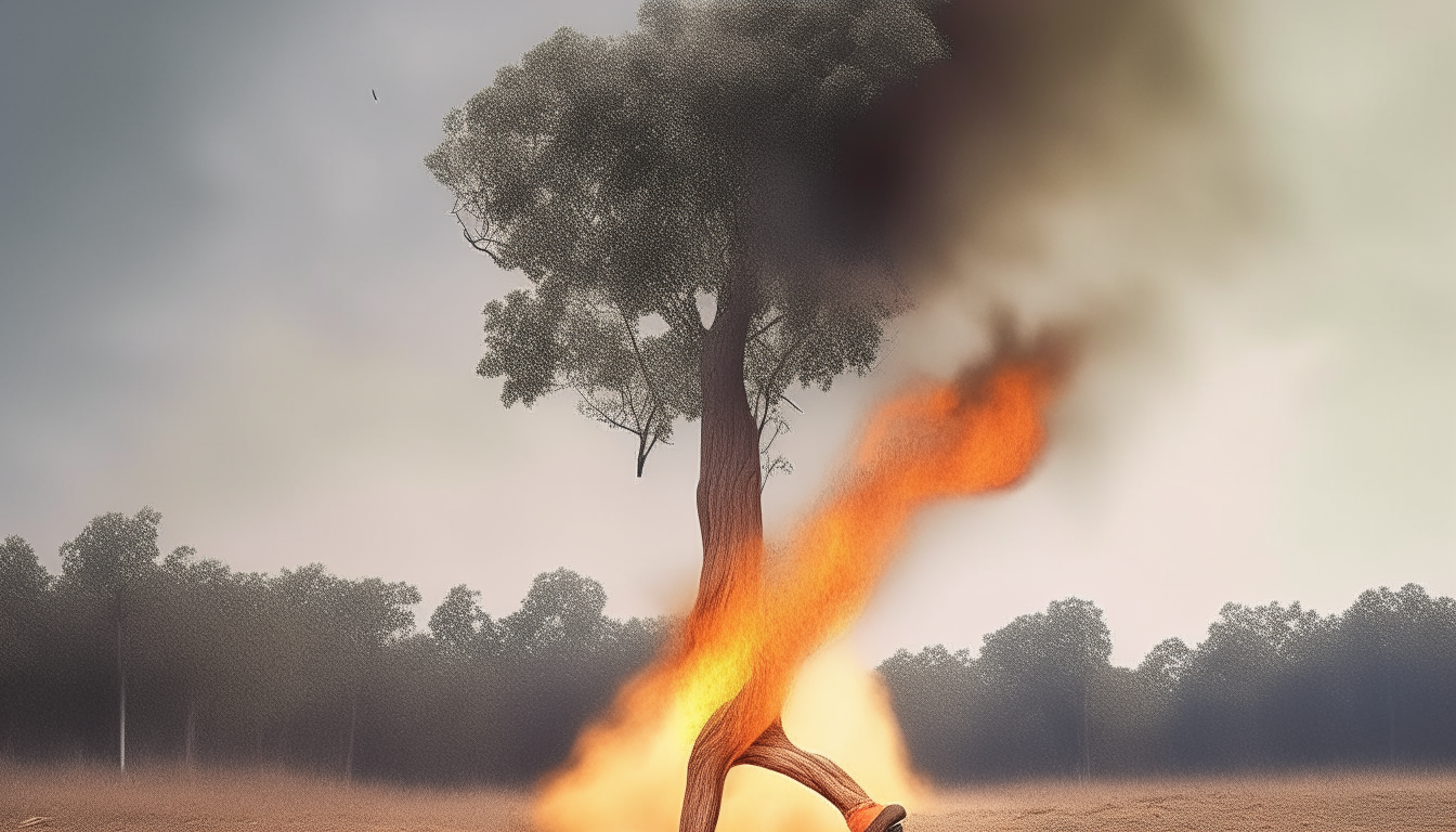 A tree with feet running away from fire
