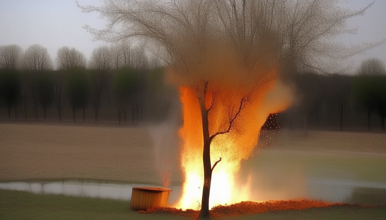 Another tree trying to extinguish a burning tree with a bucket full of water in its hand