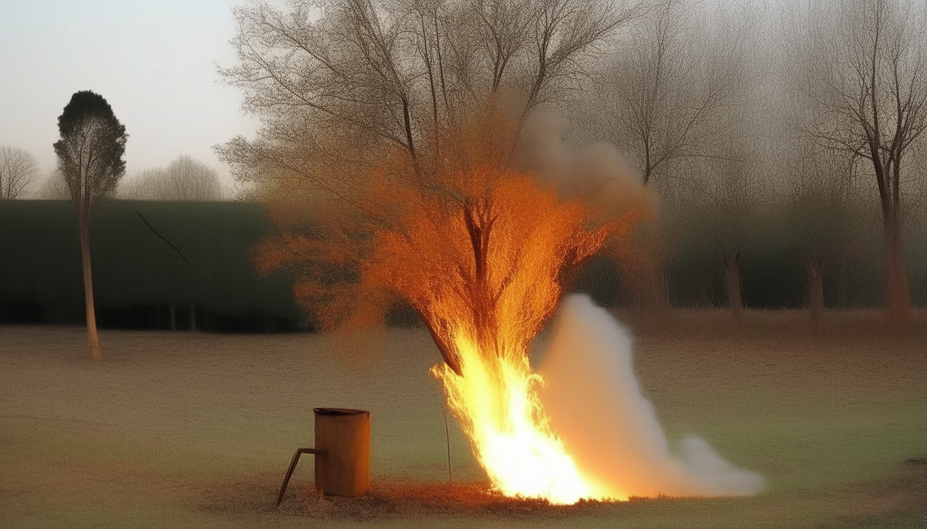 Another tree trying to extinguish a burning tree with a bucket full of water in its hand