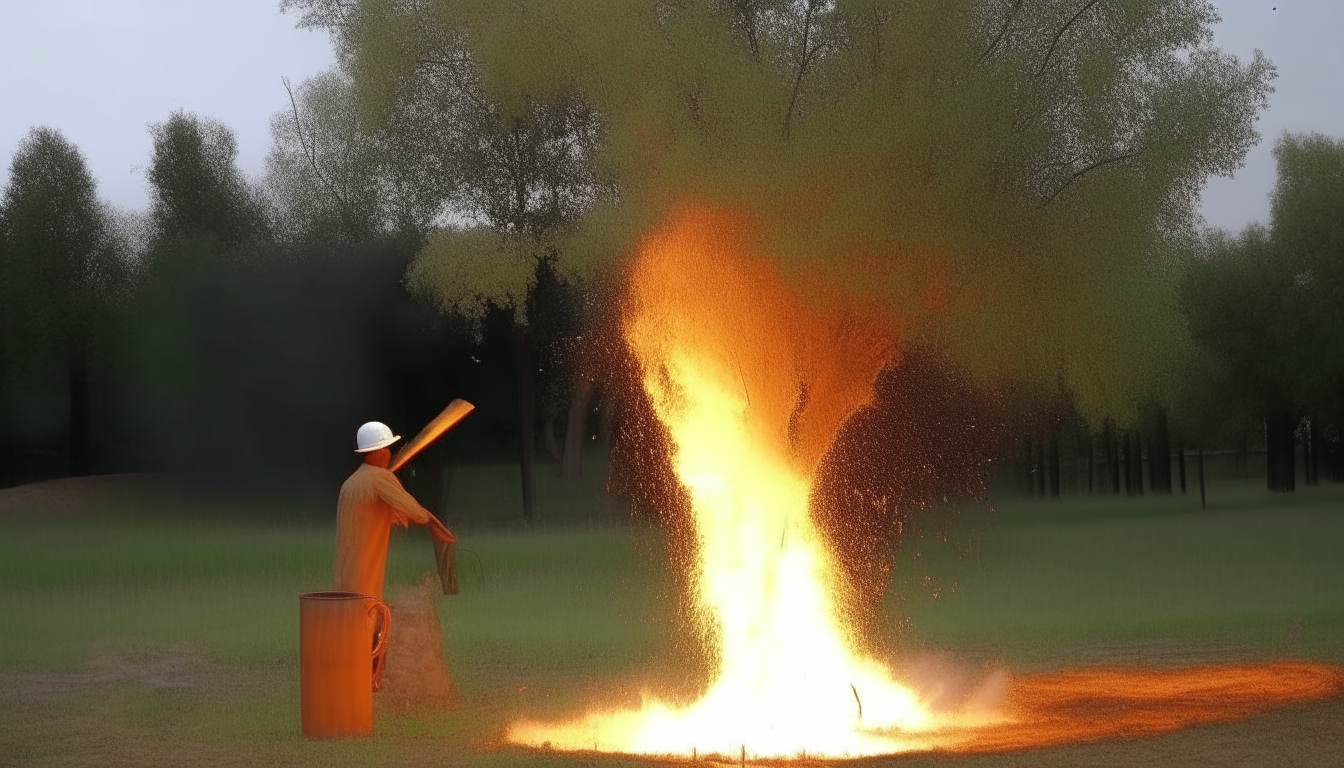 Another tree trying to extinguish a burning tree with a bucket full of water in its hand