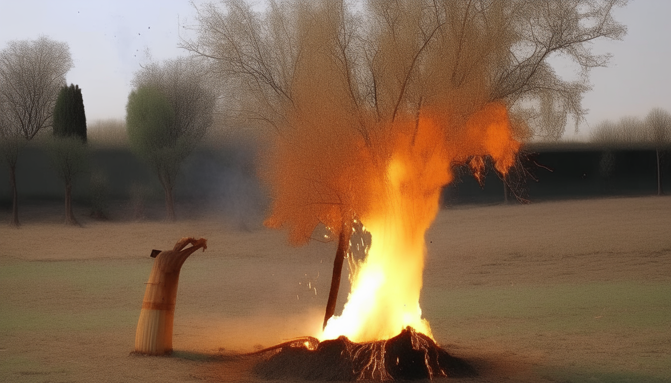Another tree trying to extinguish a burning tree with a bucket full of water in its hand