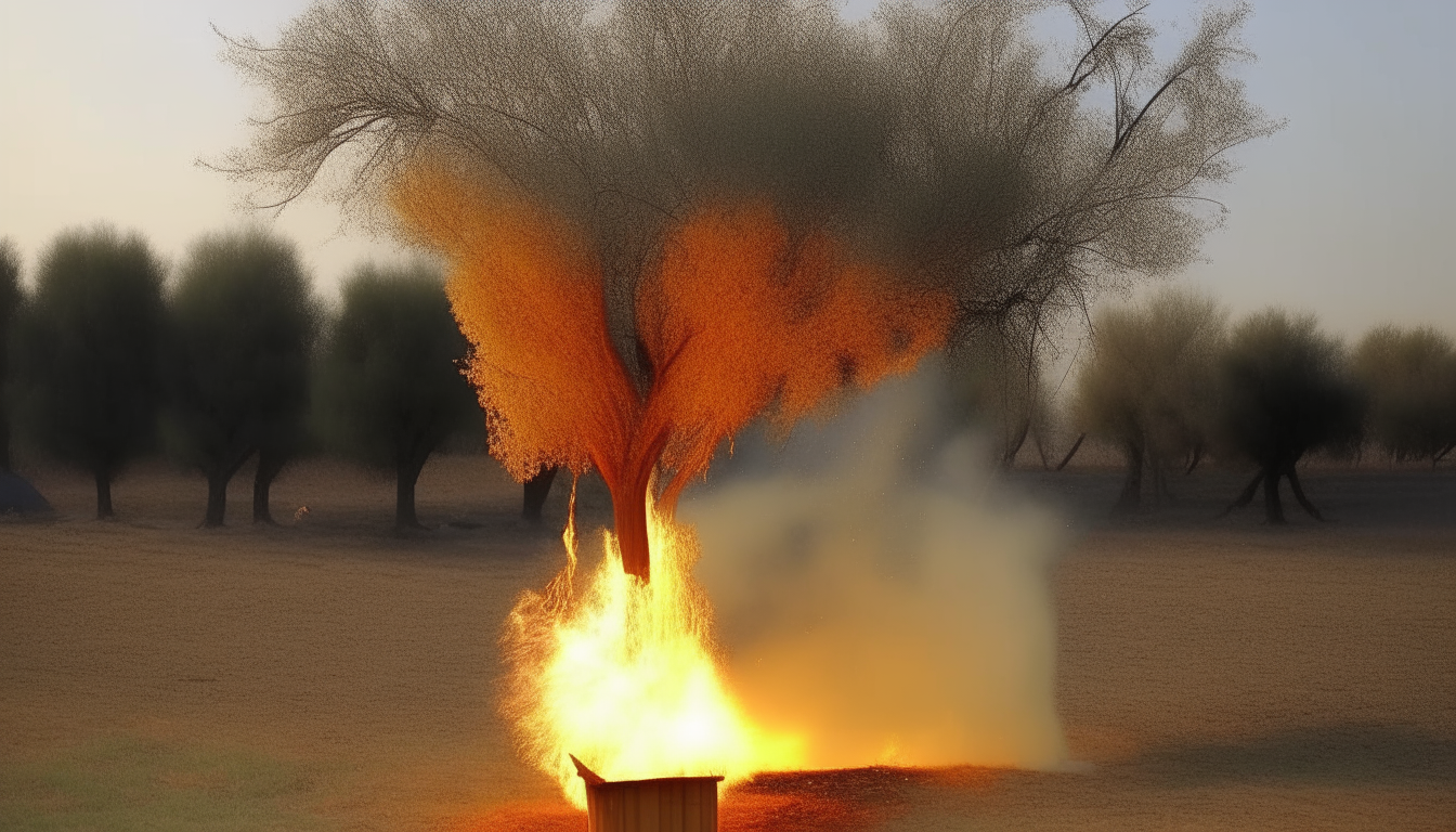 Another tree trying to extinguish a burning tree with a bucket full of water in its hand