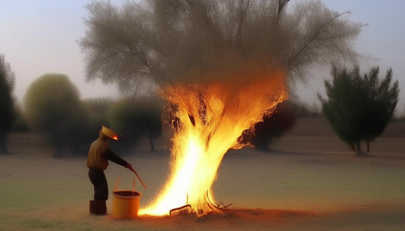 Another tree trying to extinguish a burning tree with a bucket full of water in its hand