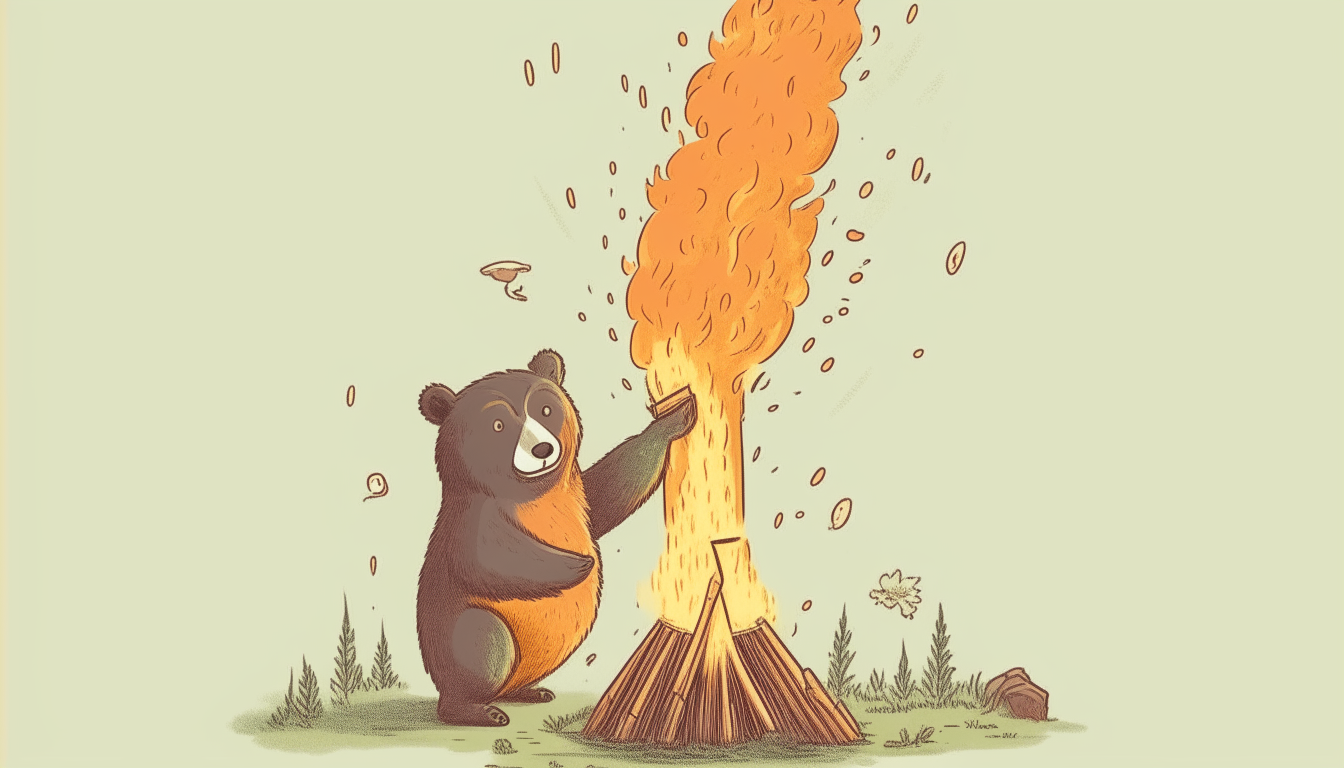Bear trying to extinguish a burning tree with a bucket full of water