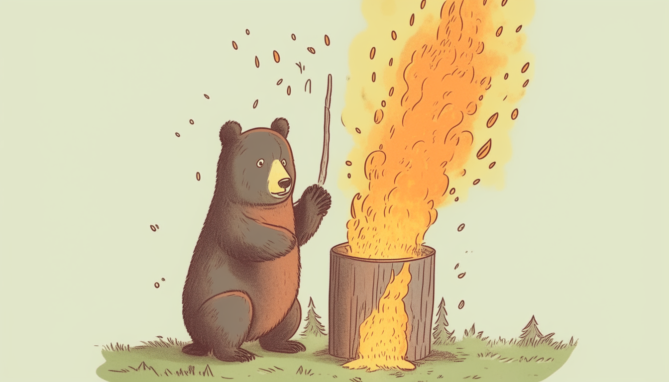 Bear trying to extinguish a burning tree with a bucket full of water