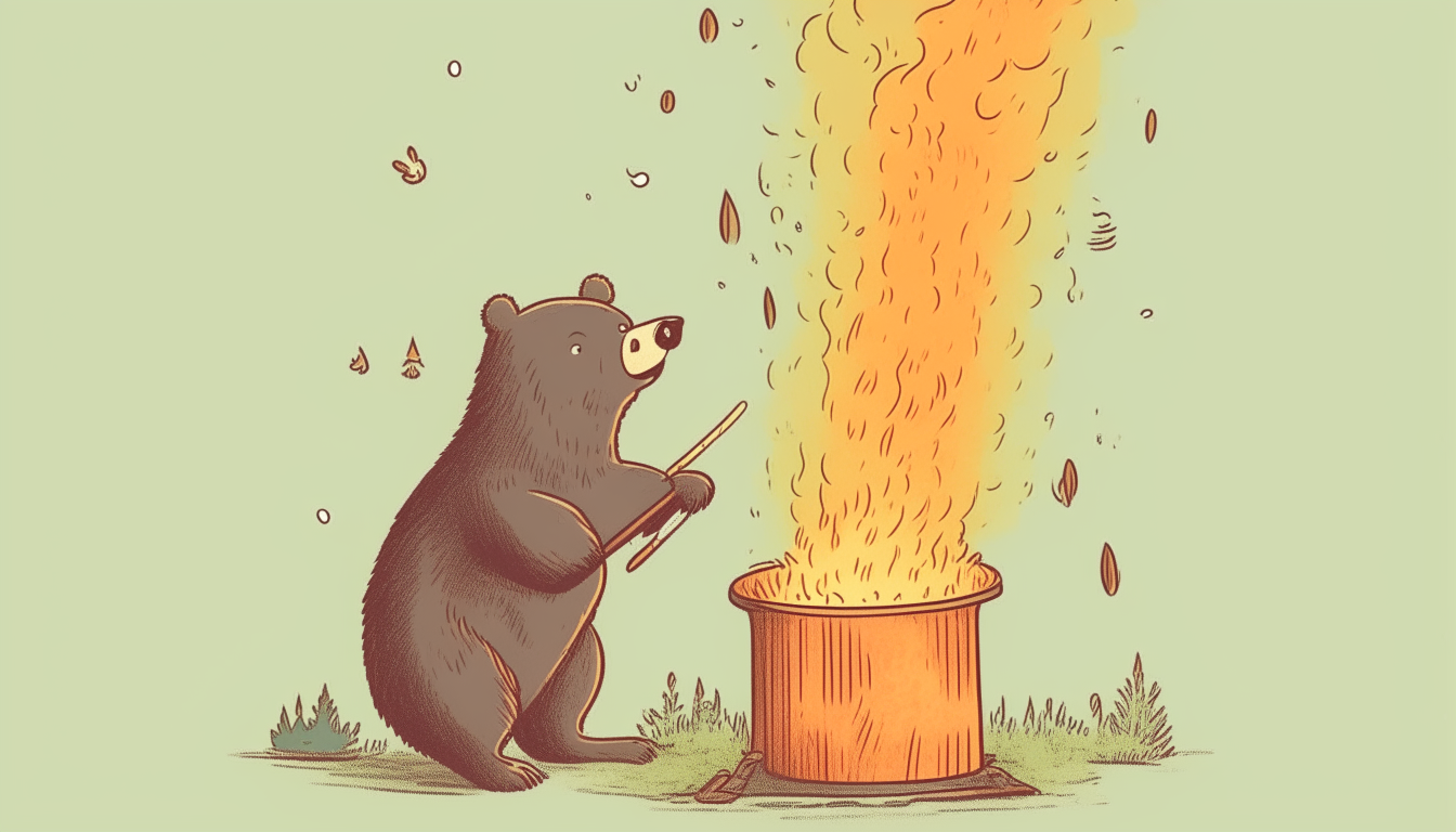 Bear trying to extinguish a burning tree with a bucket full of water