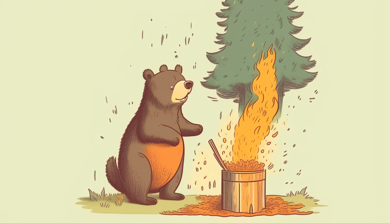 Bear trying to extinguish a burning tree with a bucket full of water