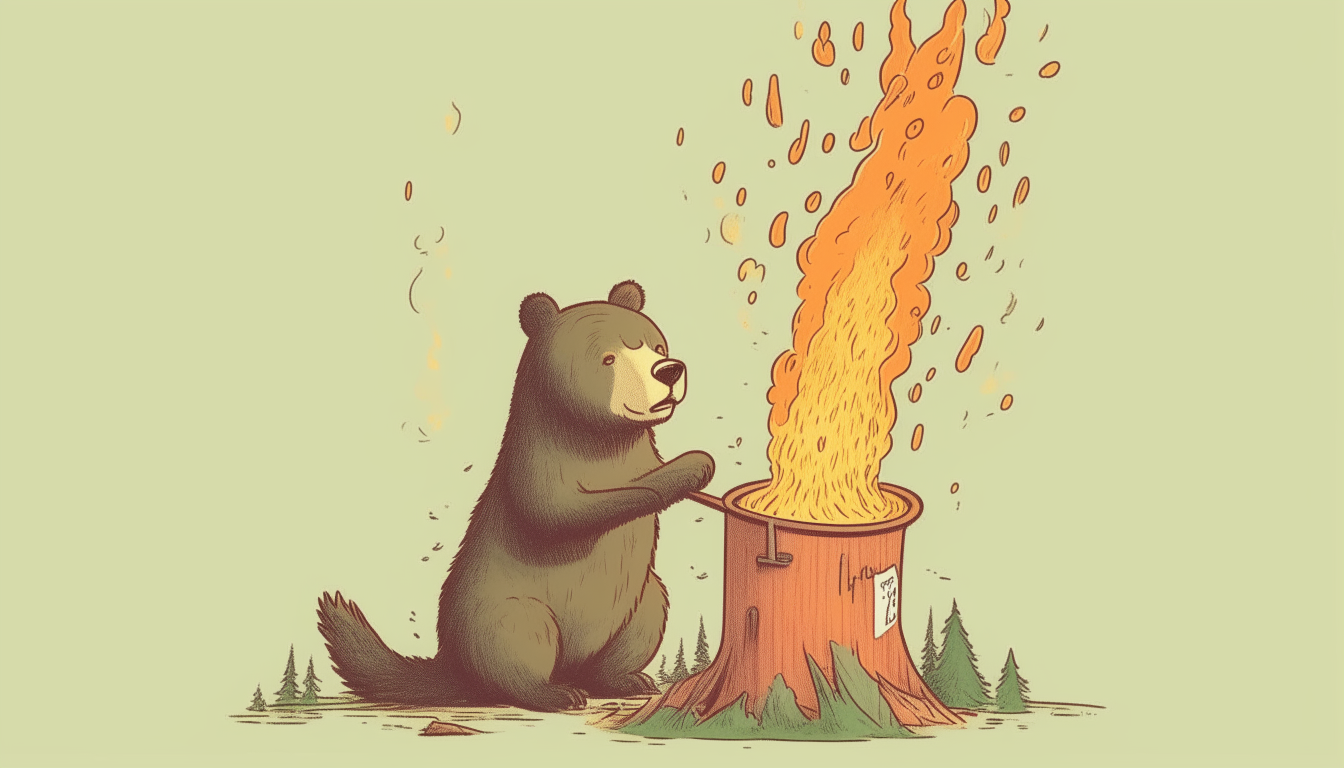 Bear trying to extinguish a burning tree with a bucket full of water