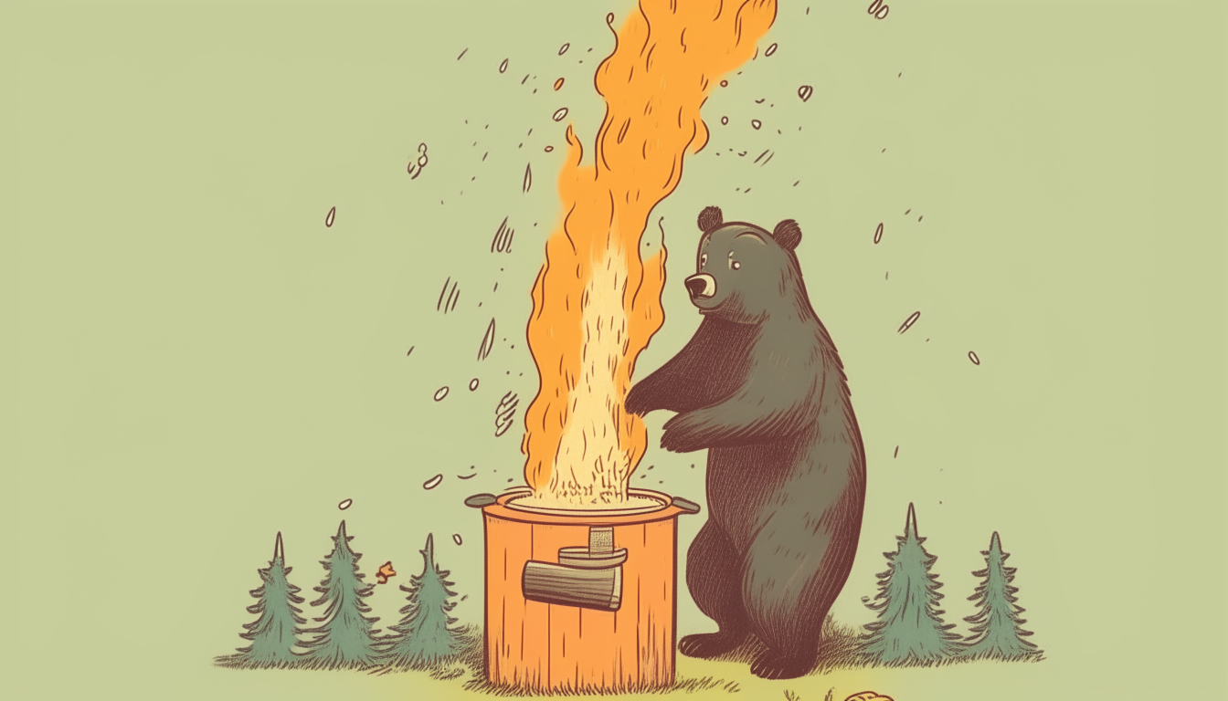 Bear trying to extinguish a burning tree with a bucket full of water